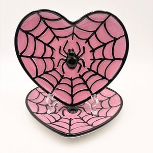 Spooky Hollow Pink Heart Spiderweb Plates Set of 2 Gothic 3D Spider Ceramic Dish